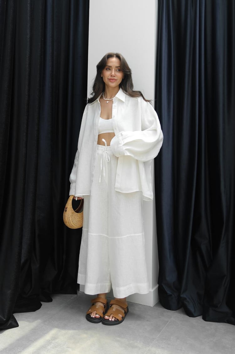 Beyaz Dikiş Detaylı %100 Keten Pantolon