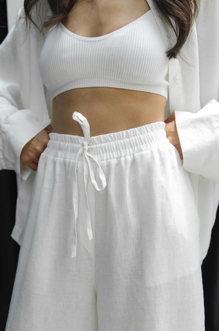 Beyaz Dikiş Detaylı %100 Keten Pantolon