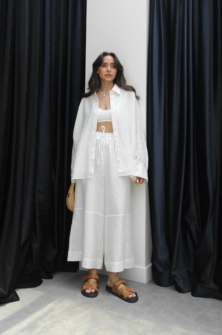 Beyaz Dikiş Detaylı %100 Keten Pantolon