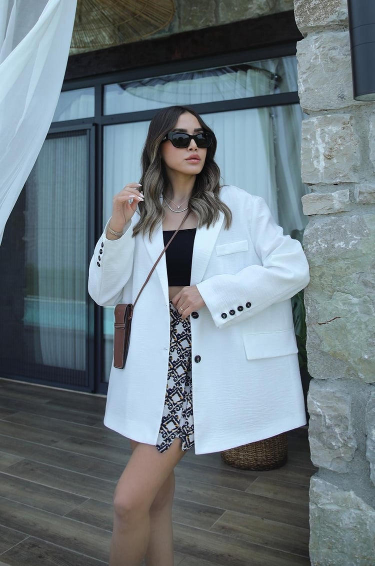Beyaz Keten Oversize Blazer Ceket