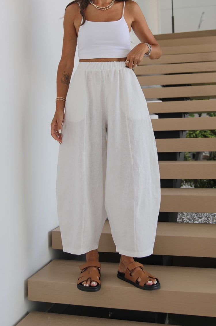 Beyaz Linen Şalvar Pantolon
