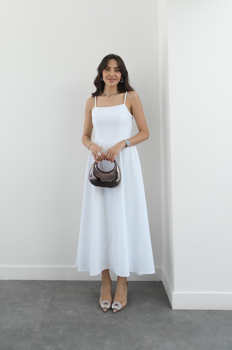 Beyaz Miusa Midi Boy Elbise