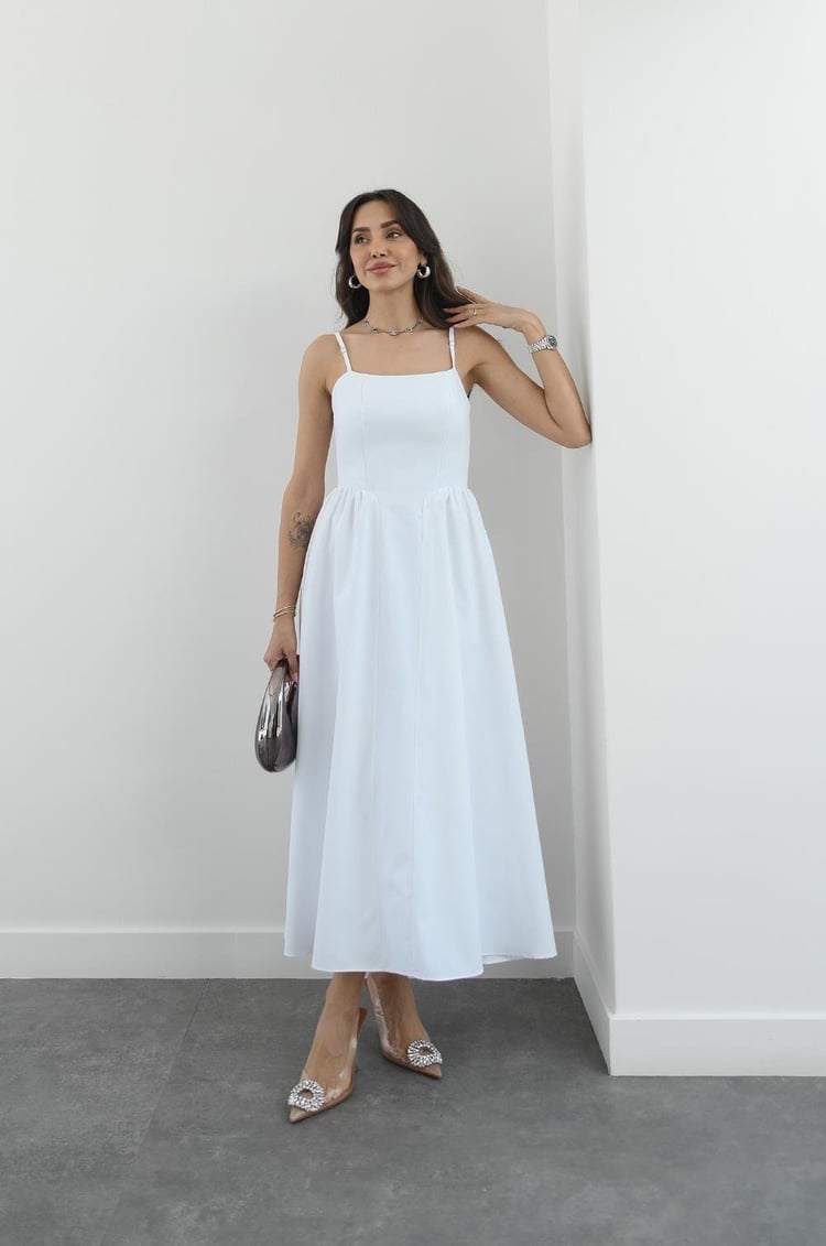 Beyaz Miusa Midi Boy Elbise