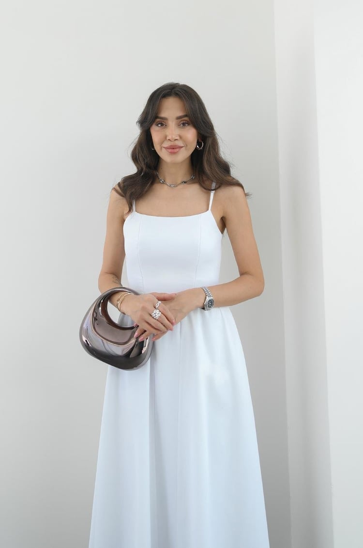 Beyaz Miusa Midi Boy Elbise