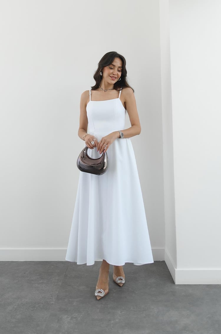 Beyaz Miusa Midi Boy Elbise