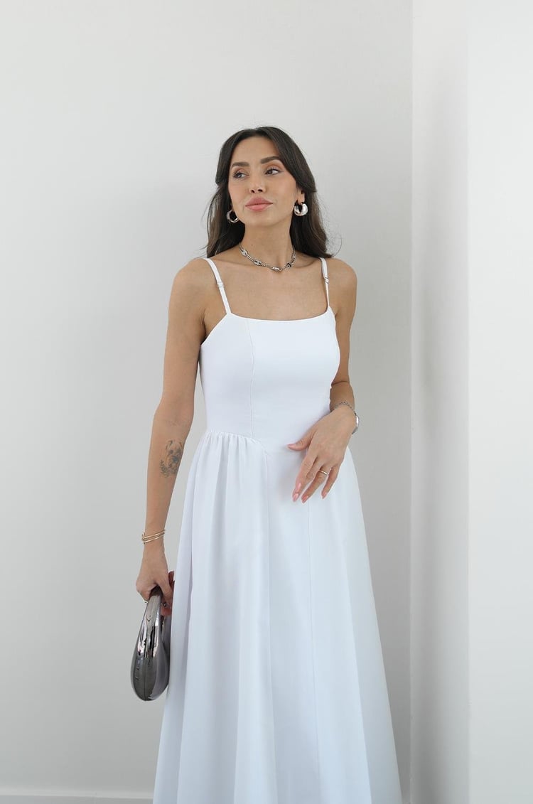 Beyaz Miusa Midi Boy Elbise