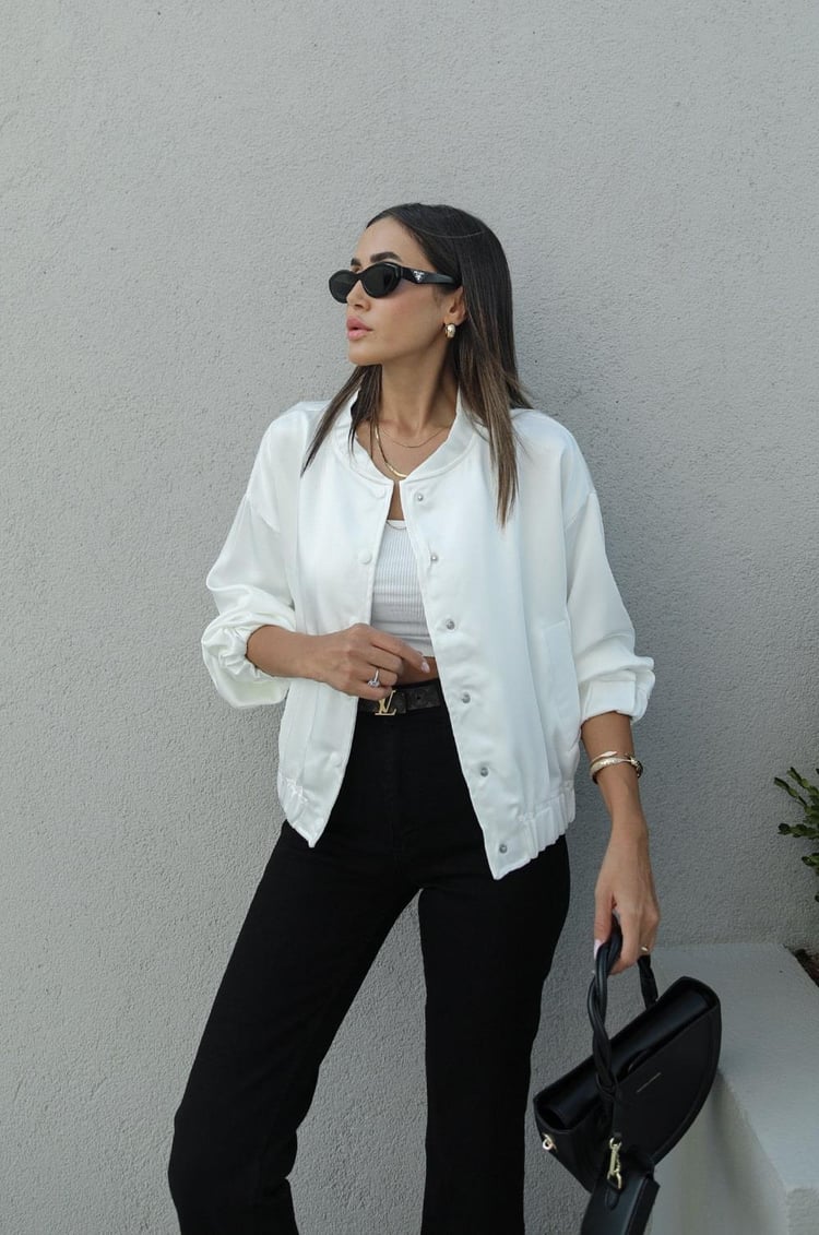 Beyaz Saten Bomber Ceket