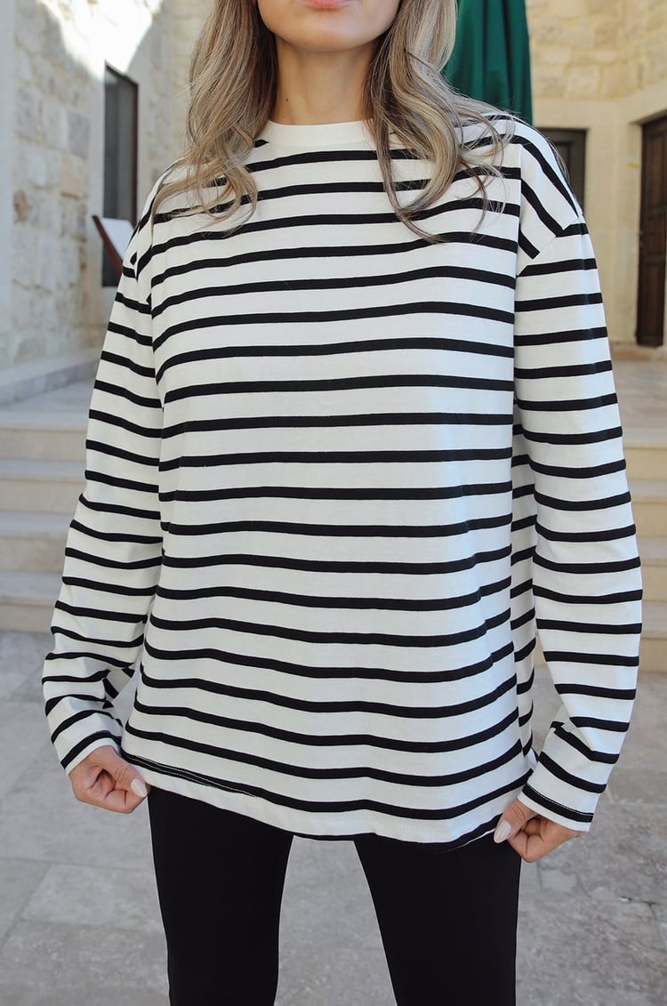 Beyaz Siyah Çizgili Basic Sweatshirt