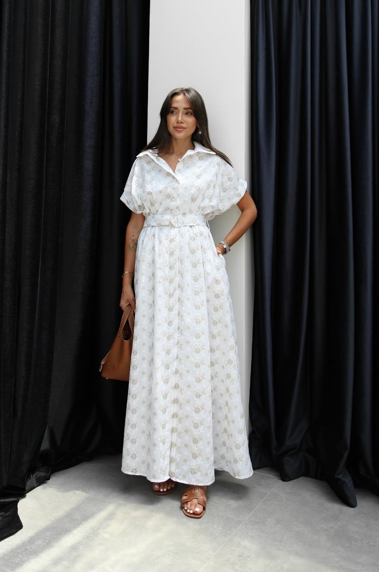 Beyaz Solaro İşlemeli Fisto Elbise