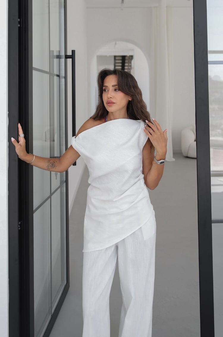 Beyaz Taran Bluz Pantolon %100 Keten Takım