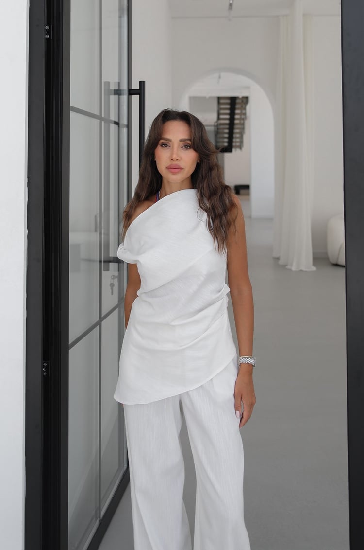 Beyaz Taran Bluz Pantolon %100 Keten Takım