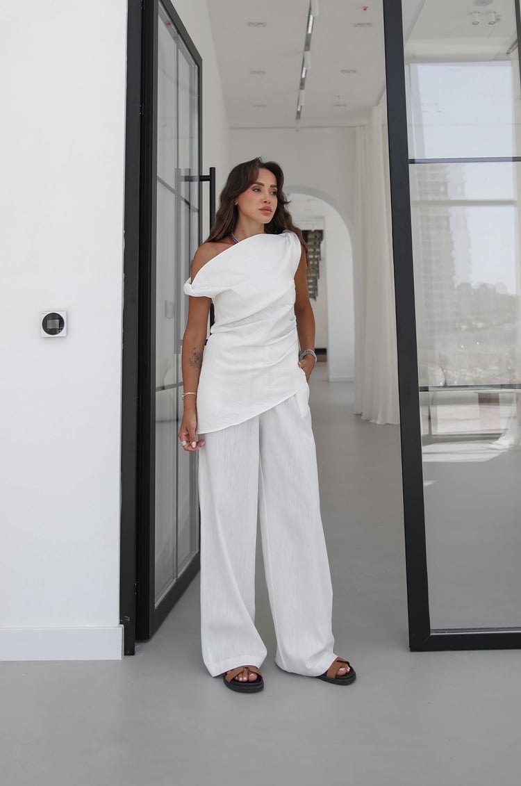 Beyaz Taran Bluz Pantolon %100 Keten Takım