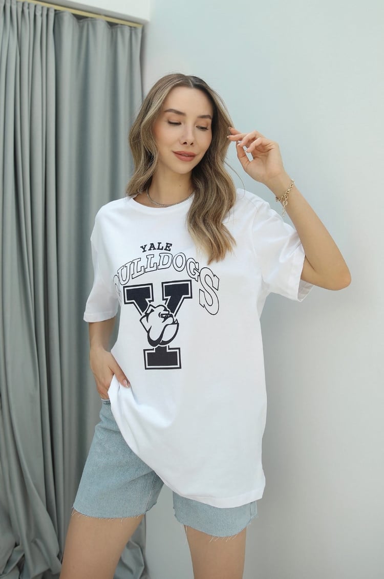 Beyaz Yale Bulldogs Baskılı Tişört