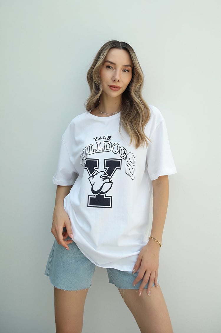Beyaz Yale Bulldogs Baskılı Tişört