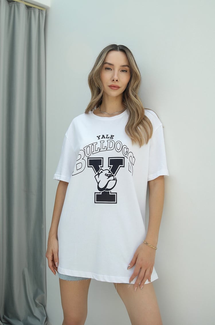 Beyaz Yale Bulldogs Baskılı Tişört
