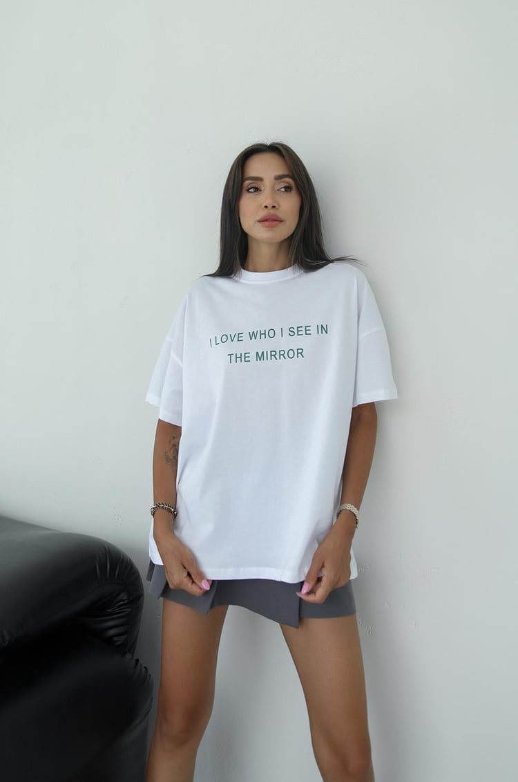 Beyaz Yeşil Mirror Baskılı Tişört