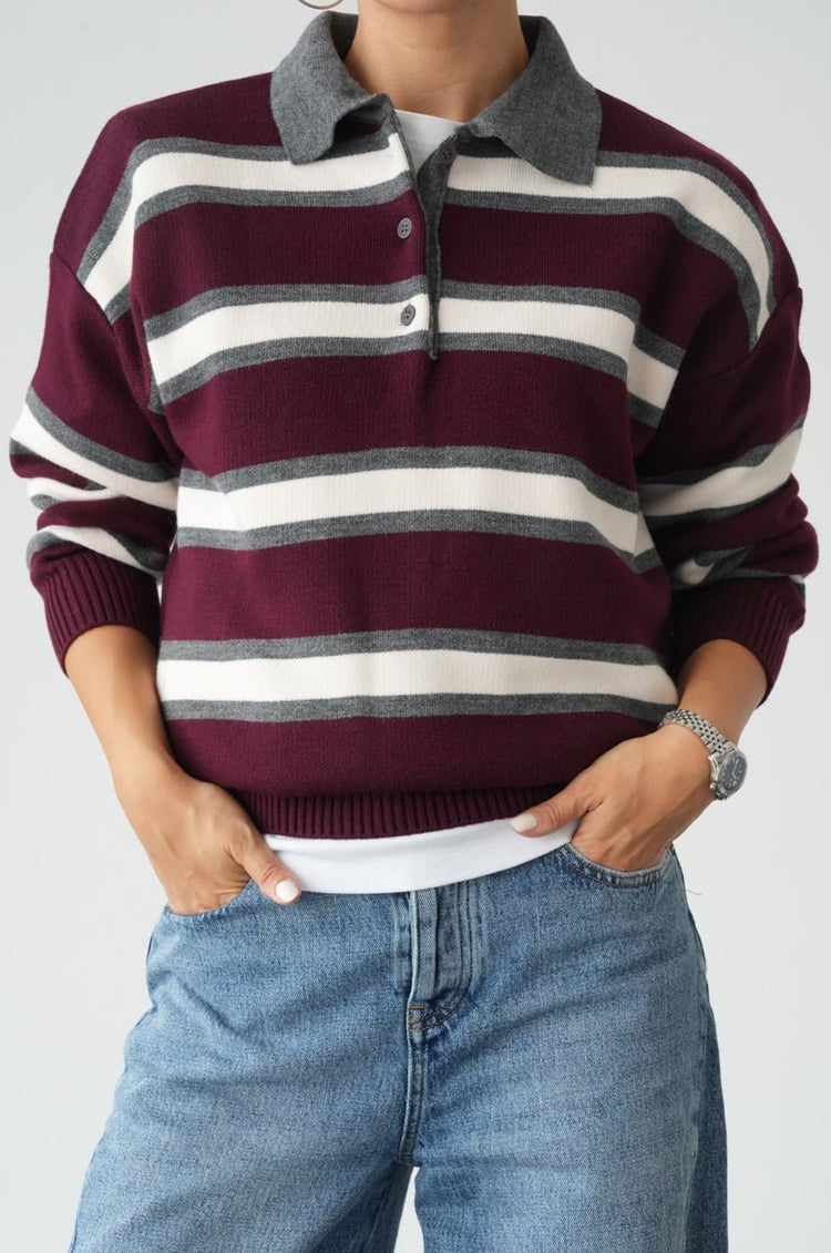 Bordo Andy Çizgili Polo Yaka Kazak