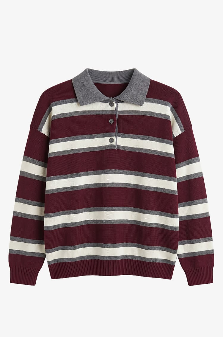 Bordo Andy Çizgili Polo Yaka Kazak
