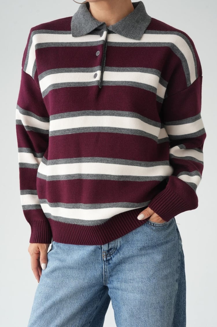 Bordo Andy Çizgili Polo Yaka Kazak