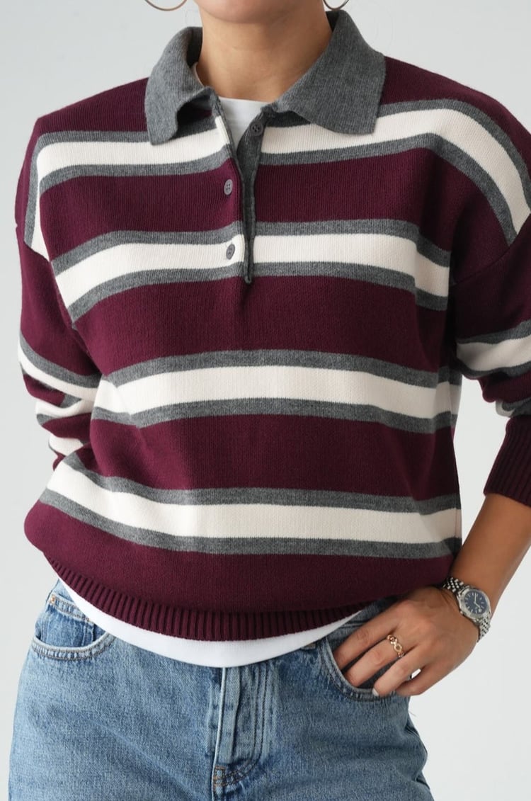 Bordo Andy Çizgili Polo Yaka Kazak