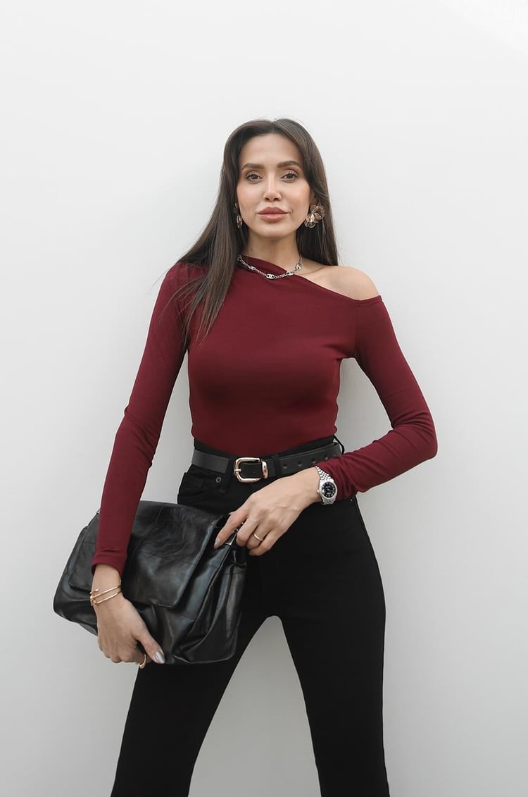 Bordo Asimetrik Yaka Bluz