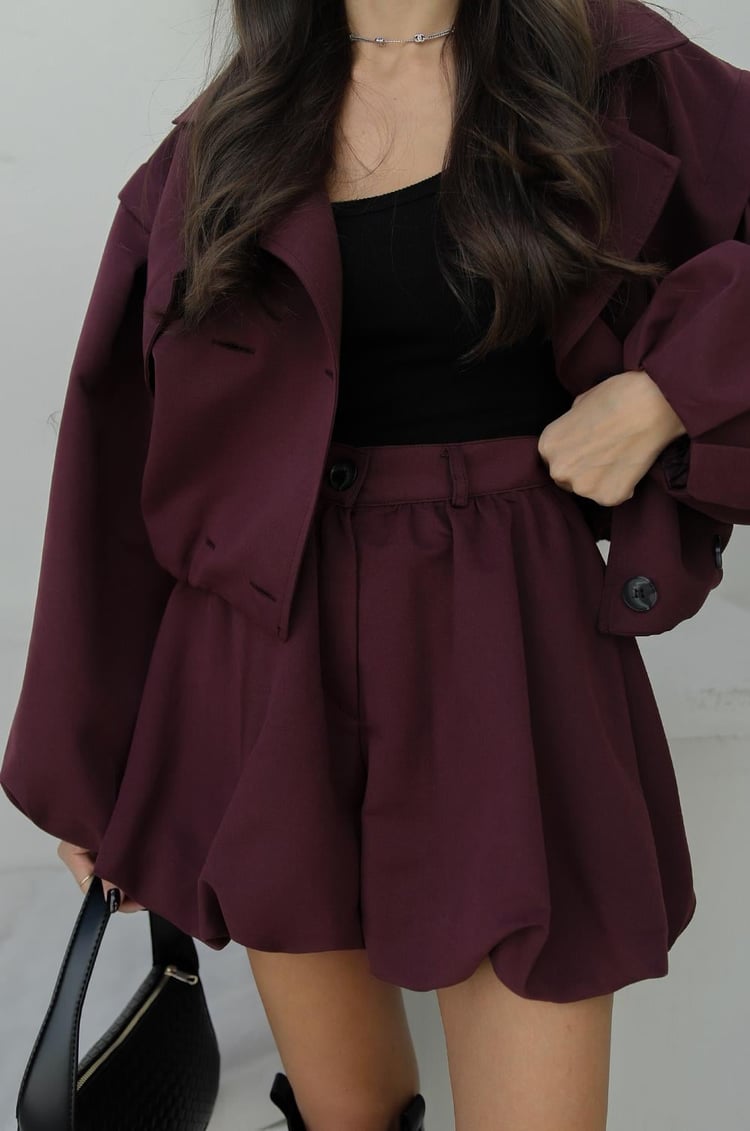 Bordo Balon Etekli Trençkot Takım