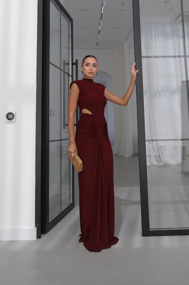 Bordo Beli Pencere Detaylı Drapeli Elbise