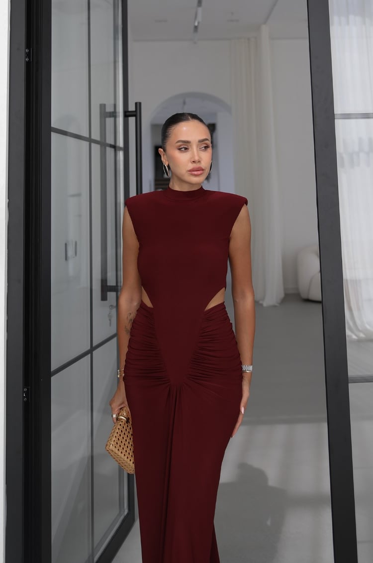 Bordo Beli Pencere Detaylı Drapeli Elbise