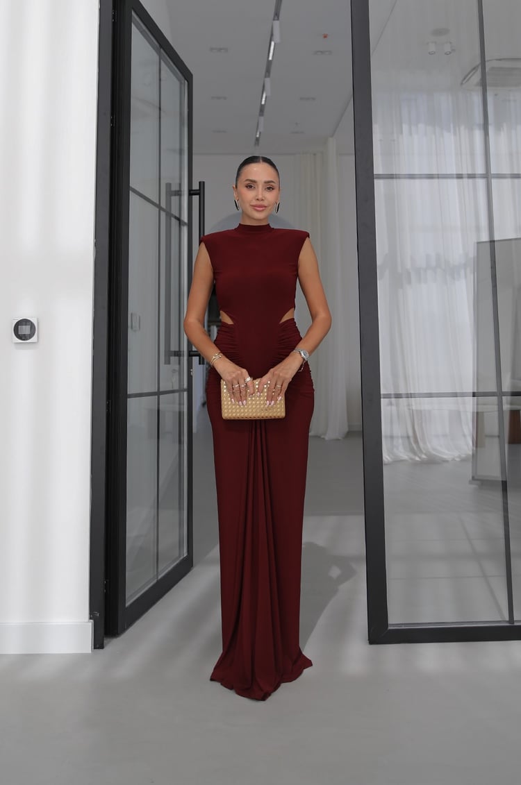Bordo Beli Pencere Detaylı Drapeli Elbise
