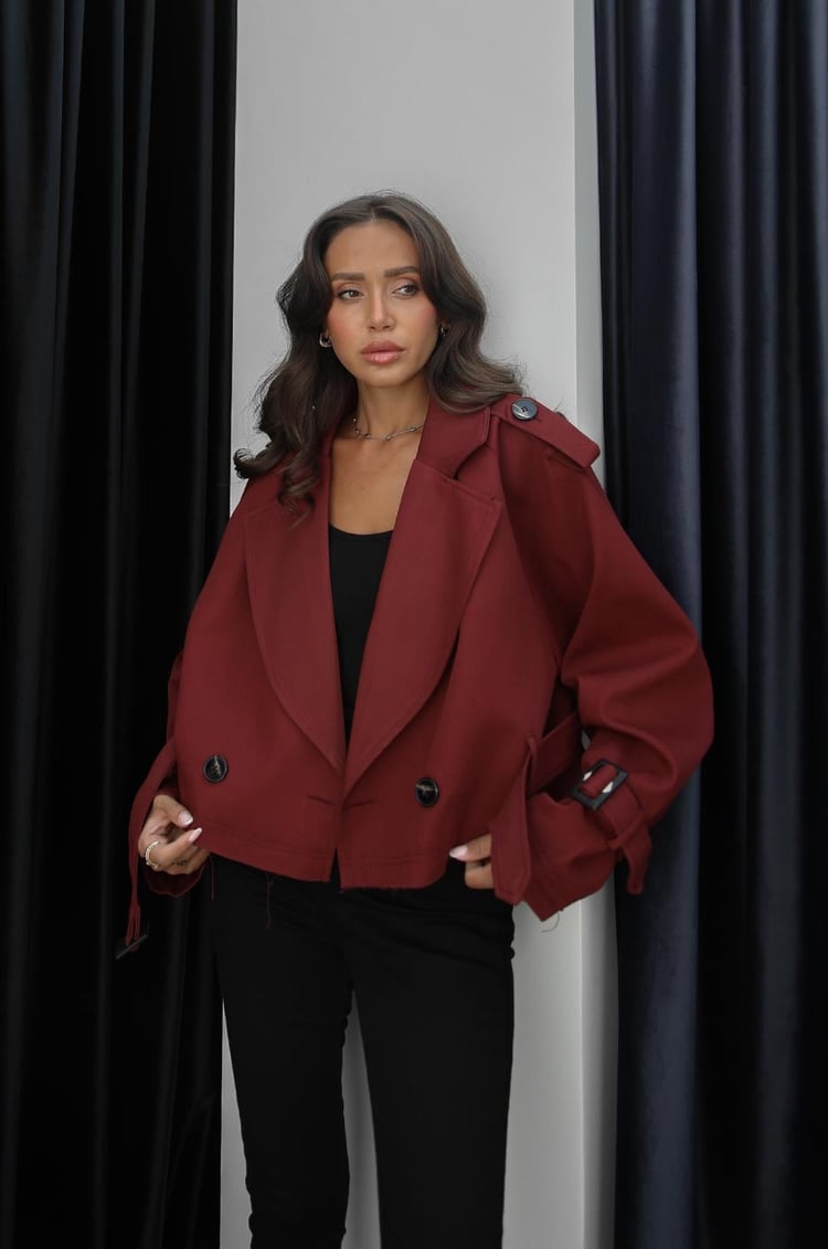Bordo Benken Kuşaklı Kısa Trençkot