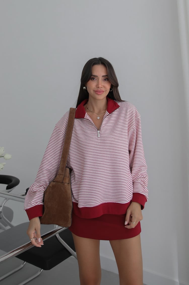 Bordo Bergaris Çizgili Sweatshirt