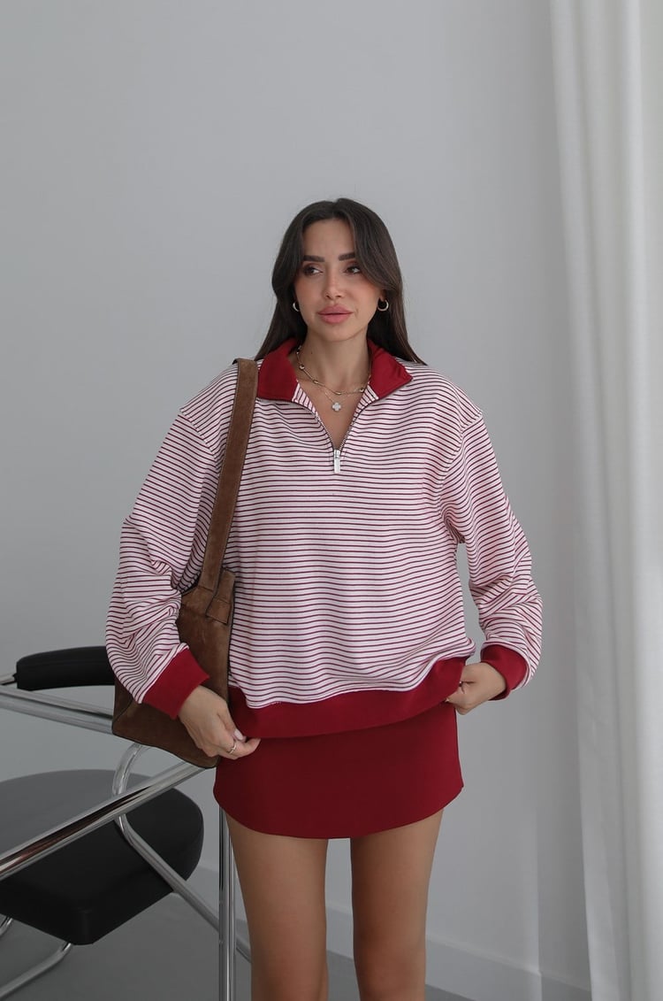 Bordo Bergaris Çizgili Sweatshirt