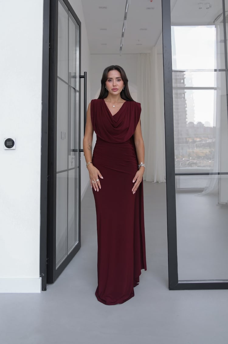 Bordo Bianca Degaje Yaka Elbise