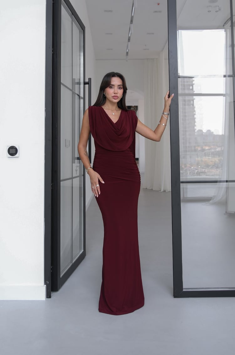 Bordo Bianca Degaje Yaka Elbise