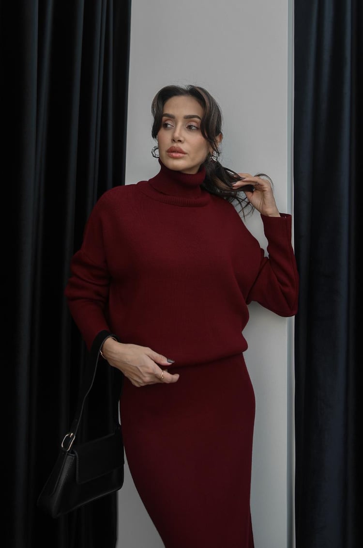 Bordo Boğazlı Kazak Etek Takım