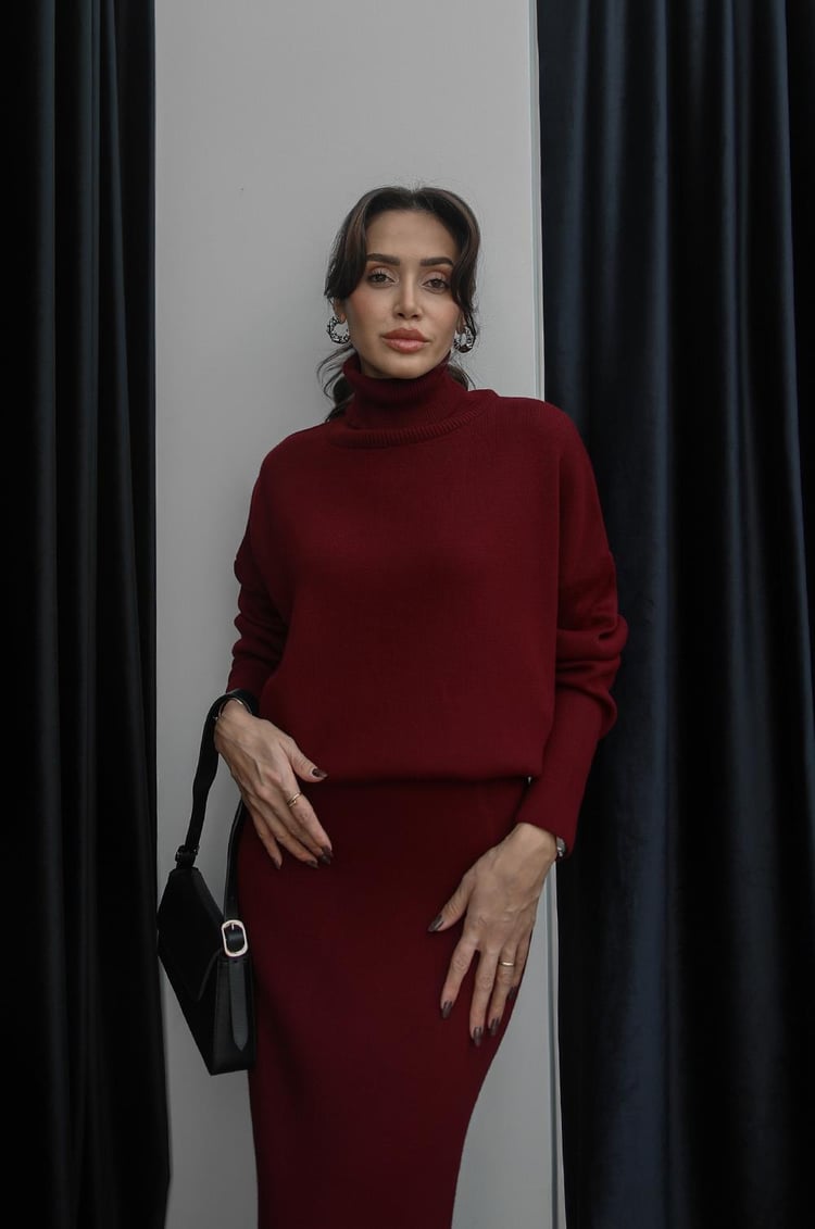 Bordo Boğazlı Kazak Etek Takım