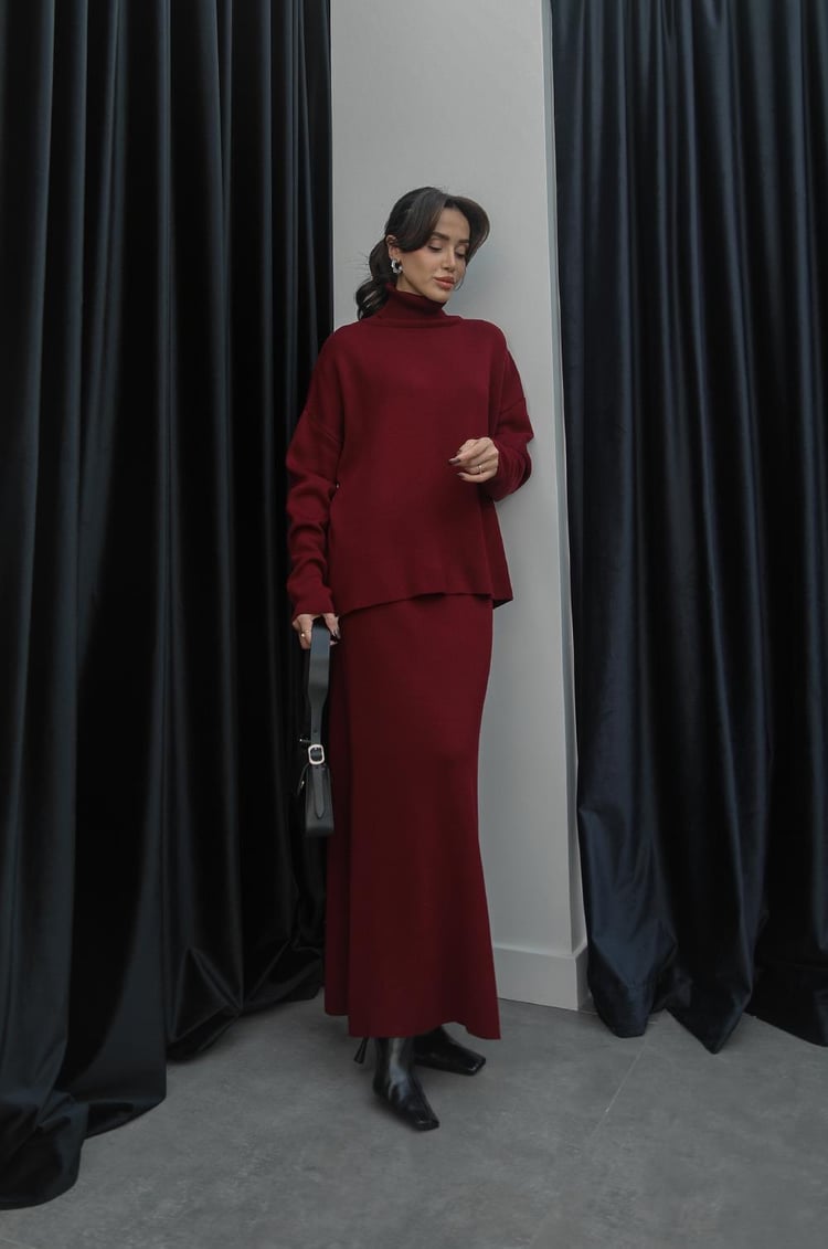 Bordo Boğazlı Kazak Etek Takım