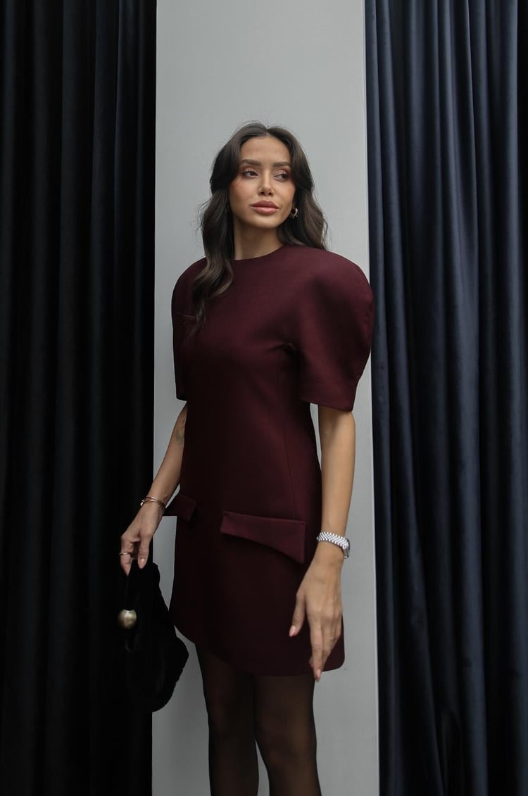 Bordo Bombe Omuzlu Süs Cepli Elbise