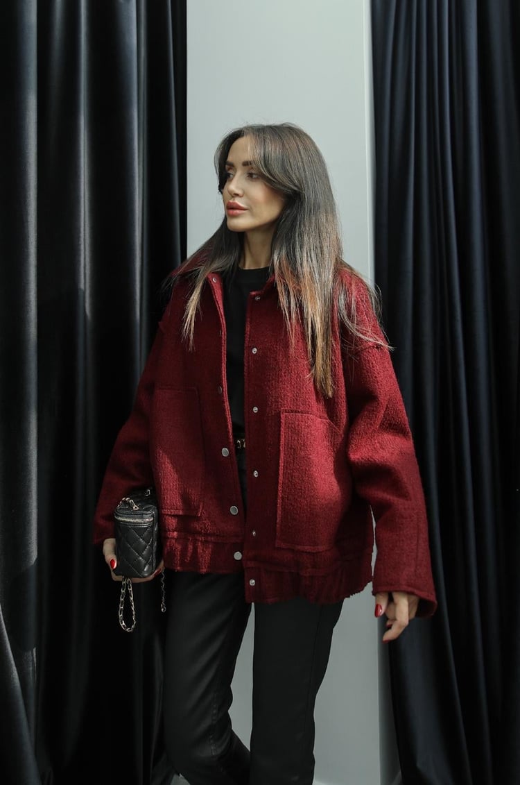 Bordo Büyük Cepli Buklet Bomber Ceket