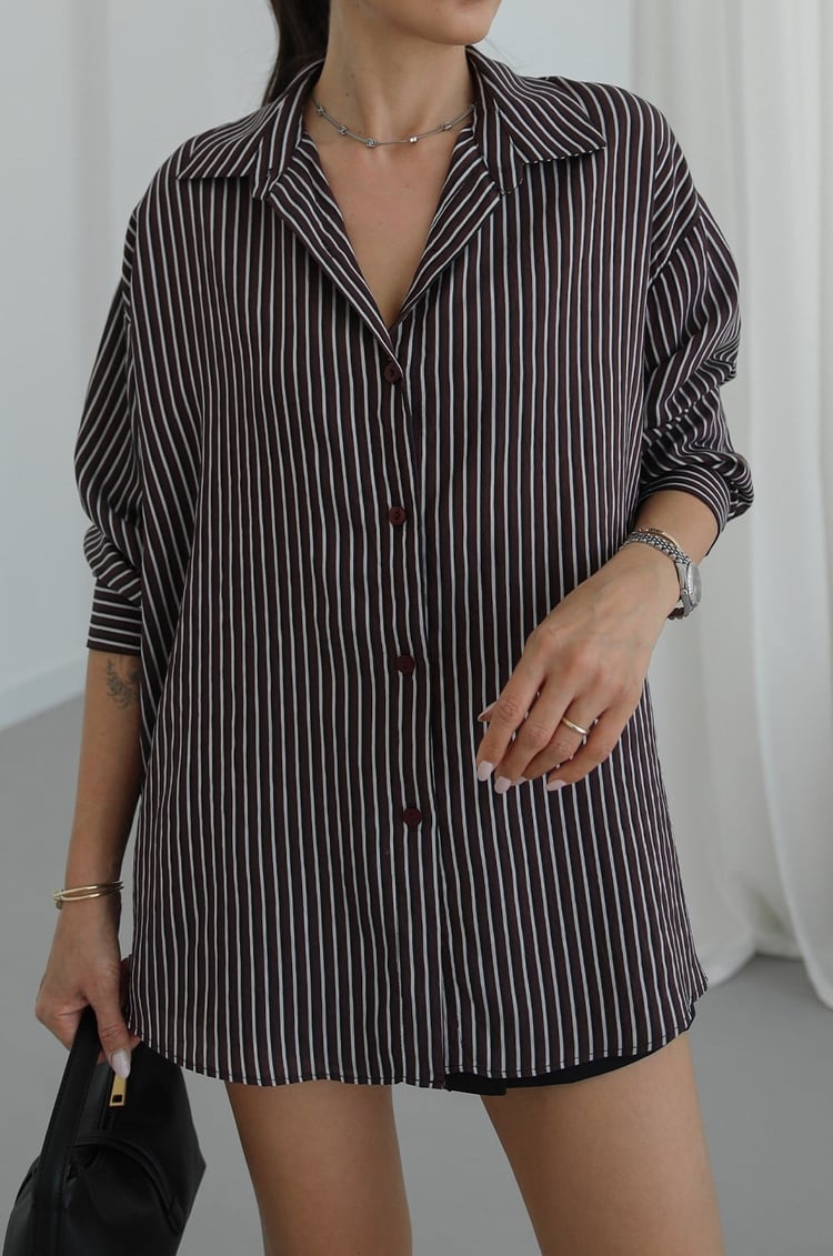 Bordo Çift Çizgili Oversize Gömlek