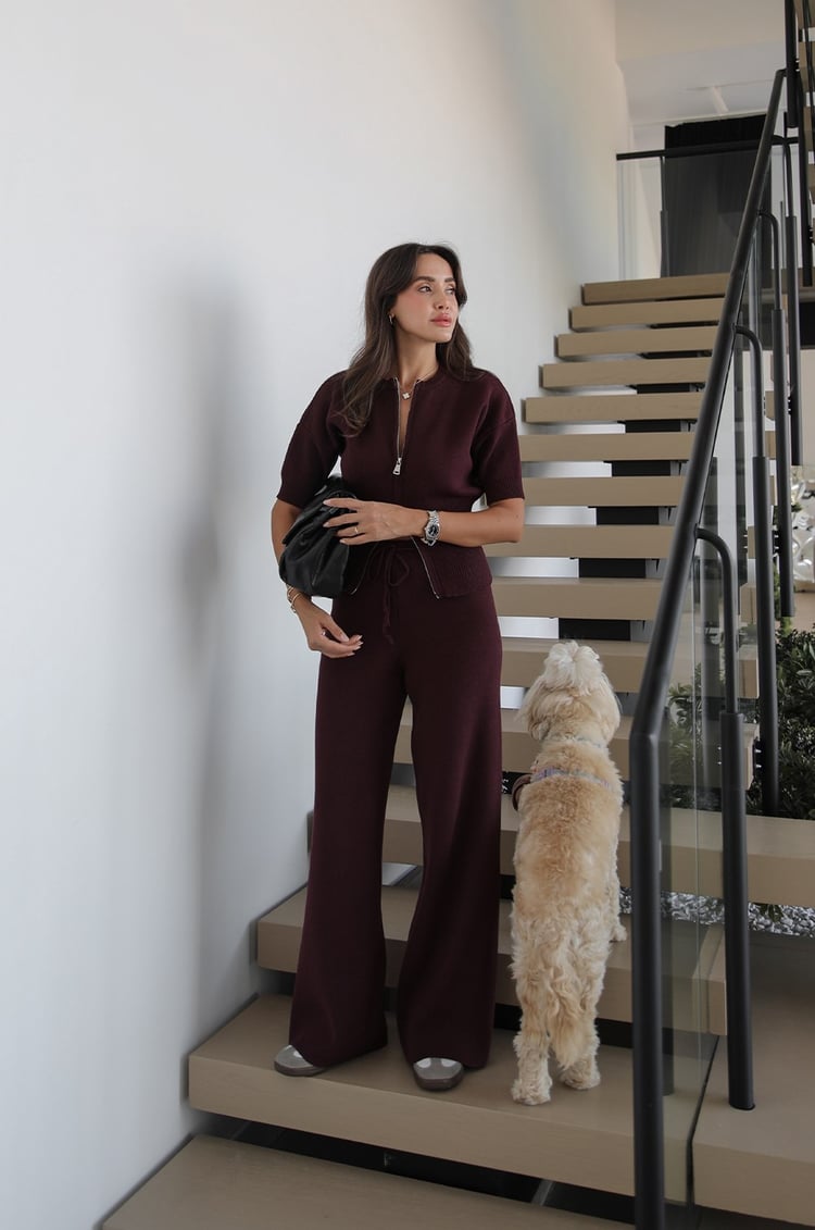 Bordo Çift Fermuarlı Bluz Pantolon Triko Takım