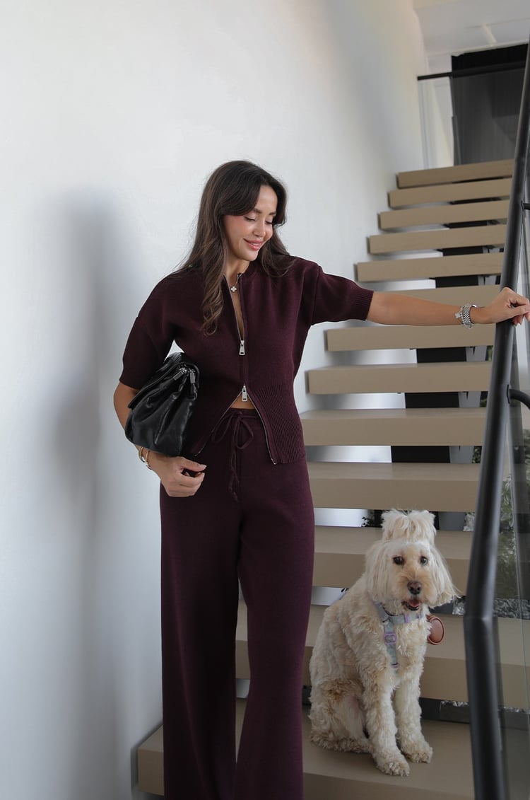 Bordo Çift Fermuarlı Bluz Pantolon Triko Takım