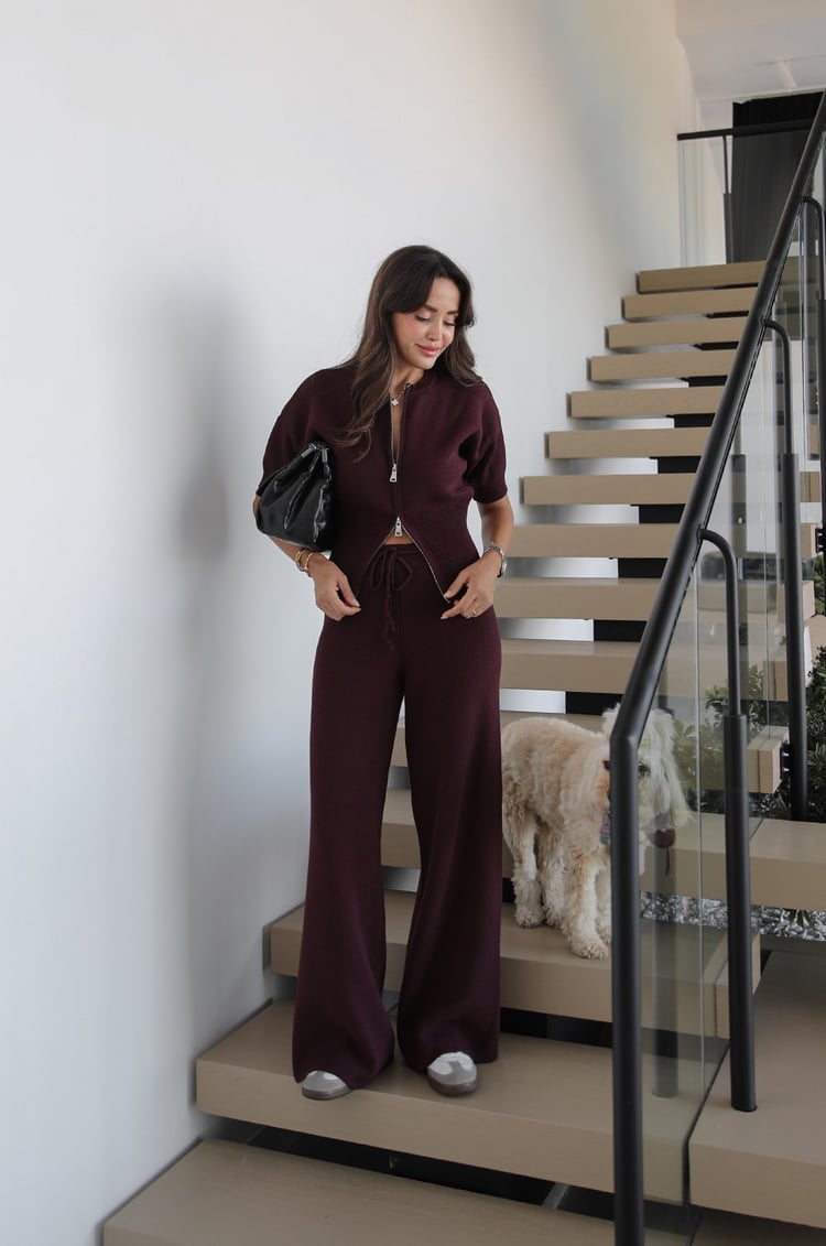 Bordo Çift Fermuarlı Bluz Pantolon Triko Takım