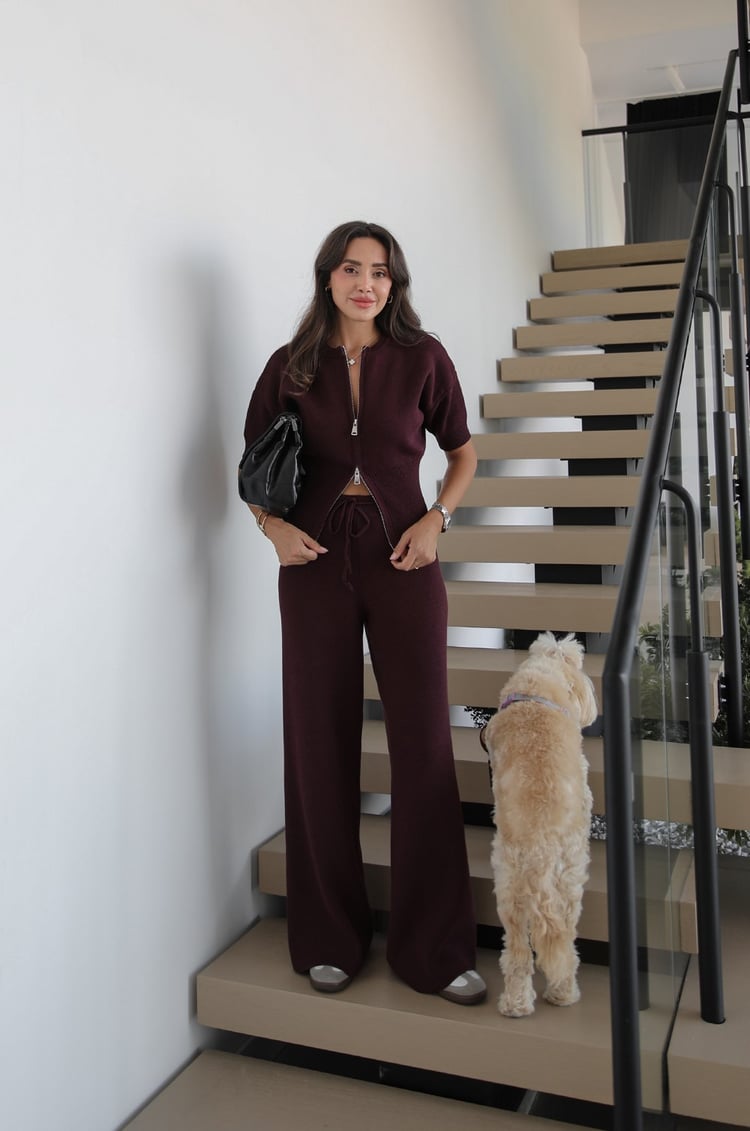 Bordo Çift Fermuarlı Bluz Pantolon Triko Takım