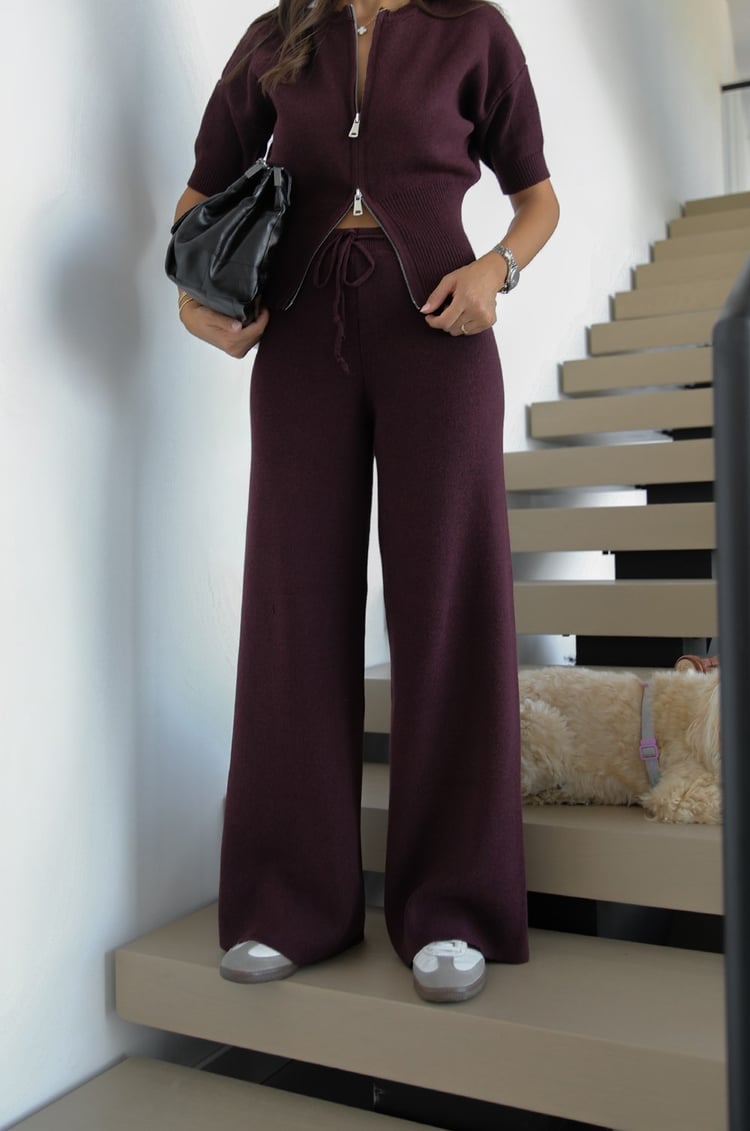 Bordo Çift Fermuarlı Bluz Pantolon Triko Takım