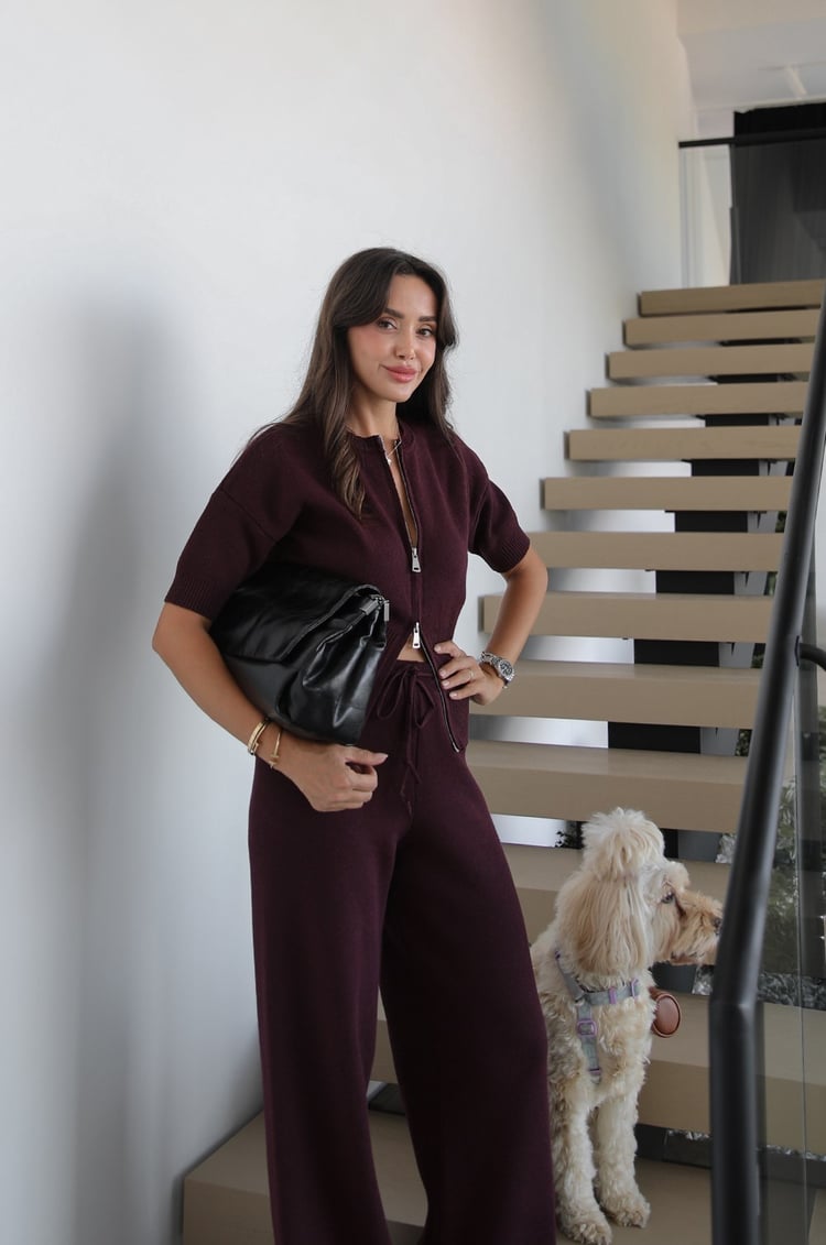 Bordo Çift Fermuarlı Bluz Pantolon Triko Takım