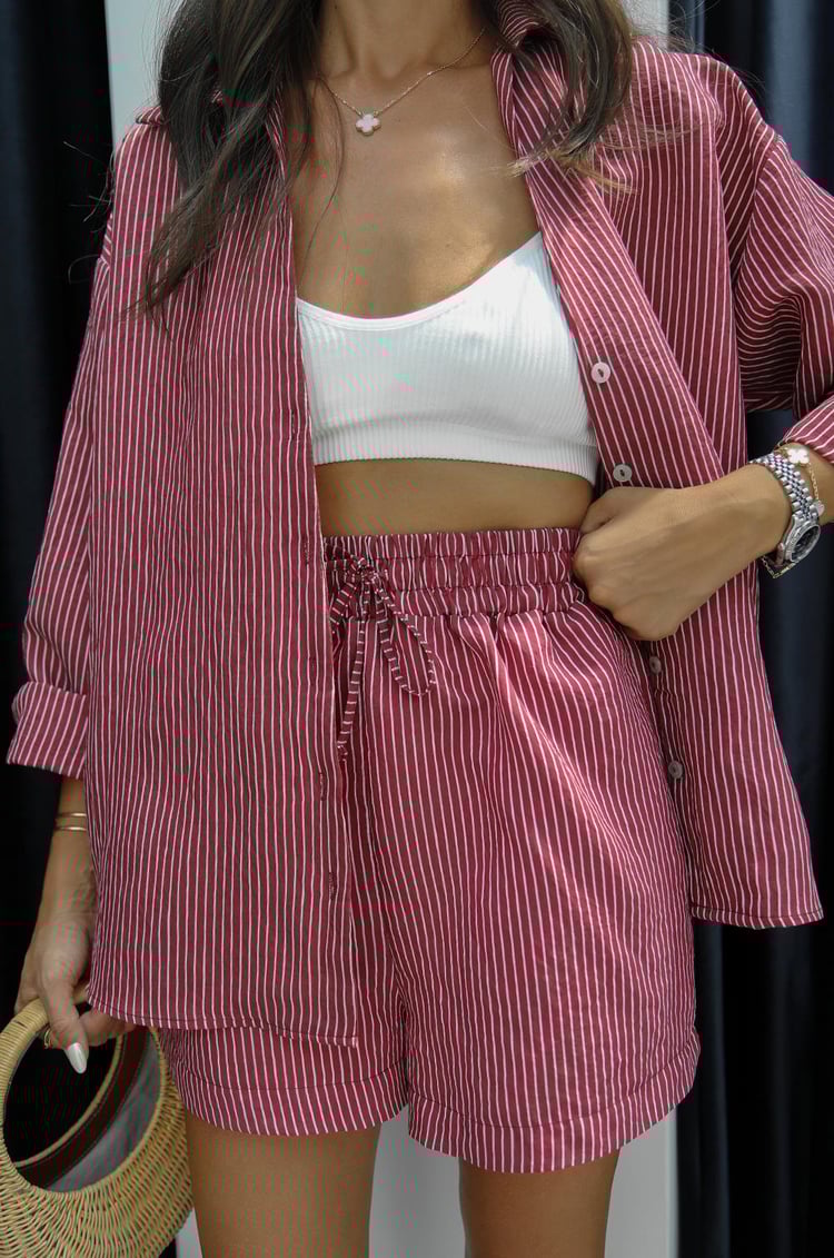 Bordo Çizgili Gömlek Şort Takım