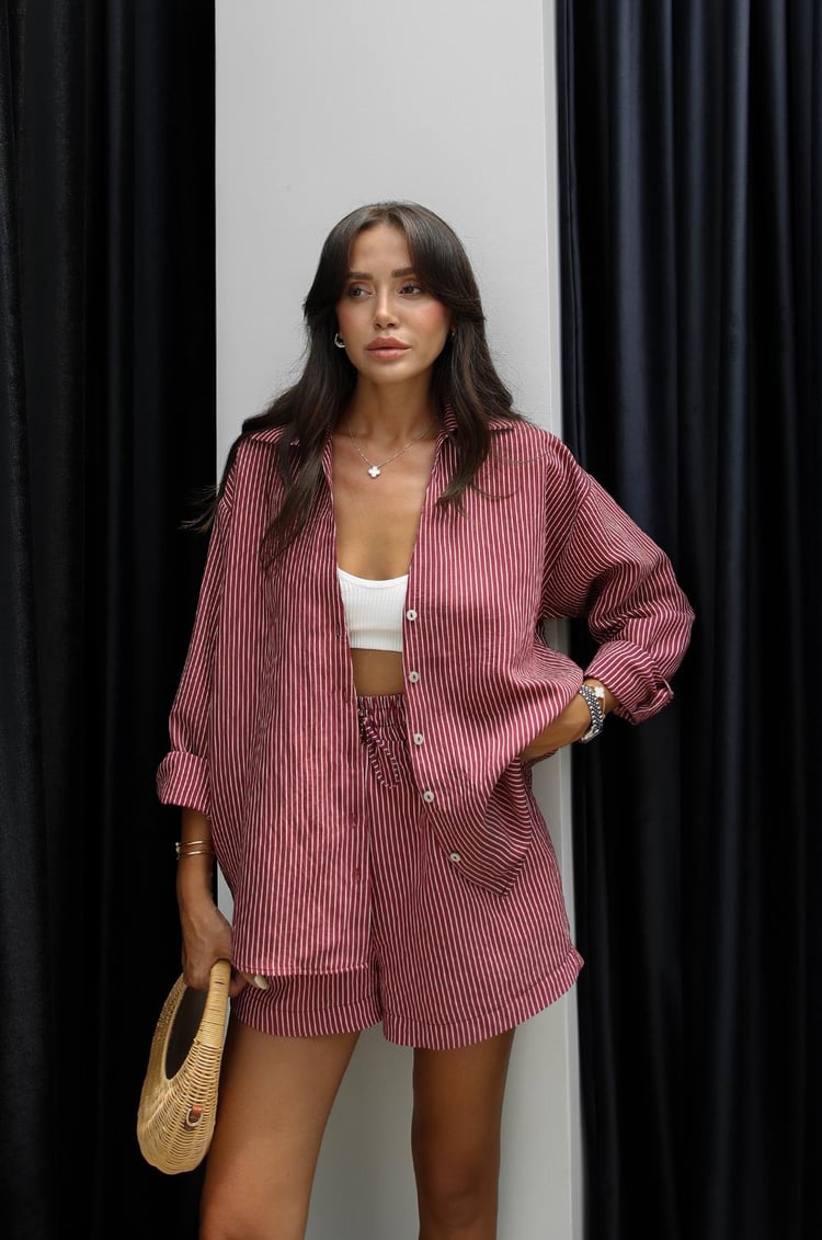 Bordo Çizgili Gömlek Şort Takım