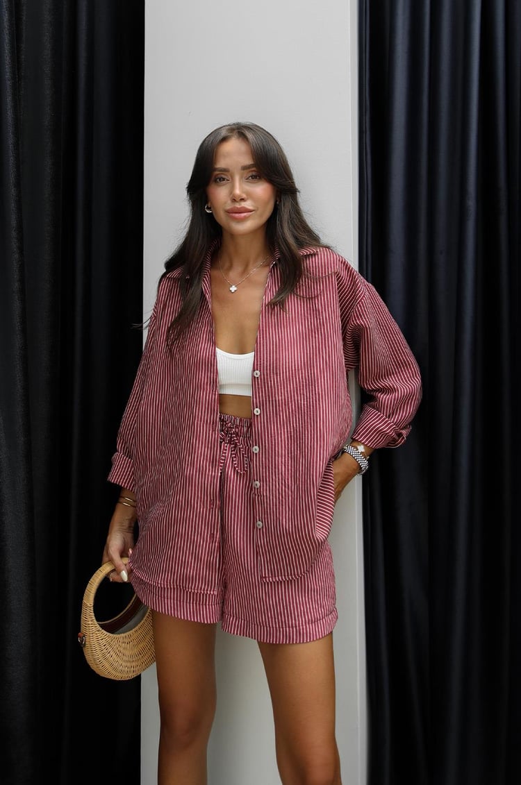 Bordo Çizgili Gömlek Şort Takım