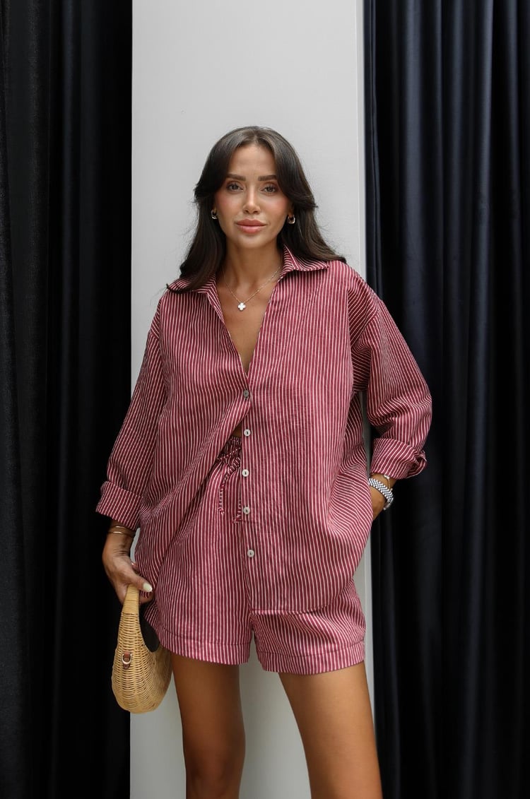 Bordo Çizgili Gömlek Şort Takım